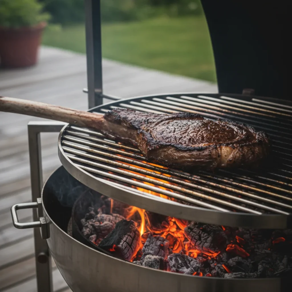 Tomahawk på vedgrill — reverse sear för 1,2 kg fest · Asadogrill